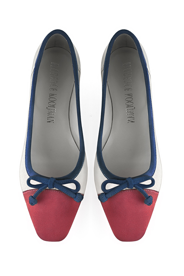 Raspberry red, light silver and navy blue women's ballet pumps, with low heels. Square toe. Flat flare heels. Top view - Florence KOOIJMAN